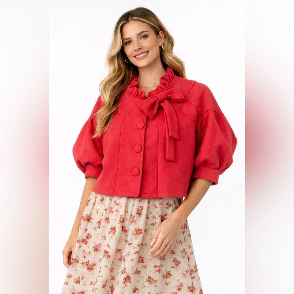 Ryu Cropped Wool Blend Jacket with Bow & Ruffle Detail